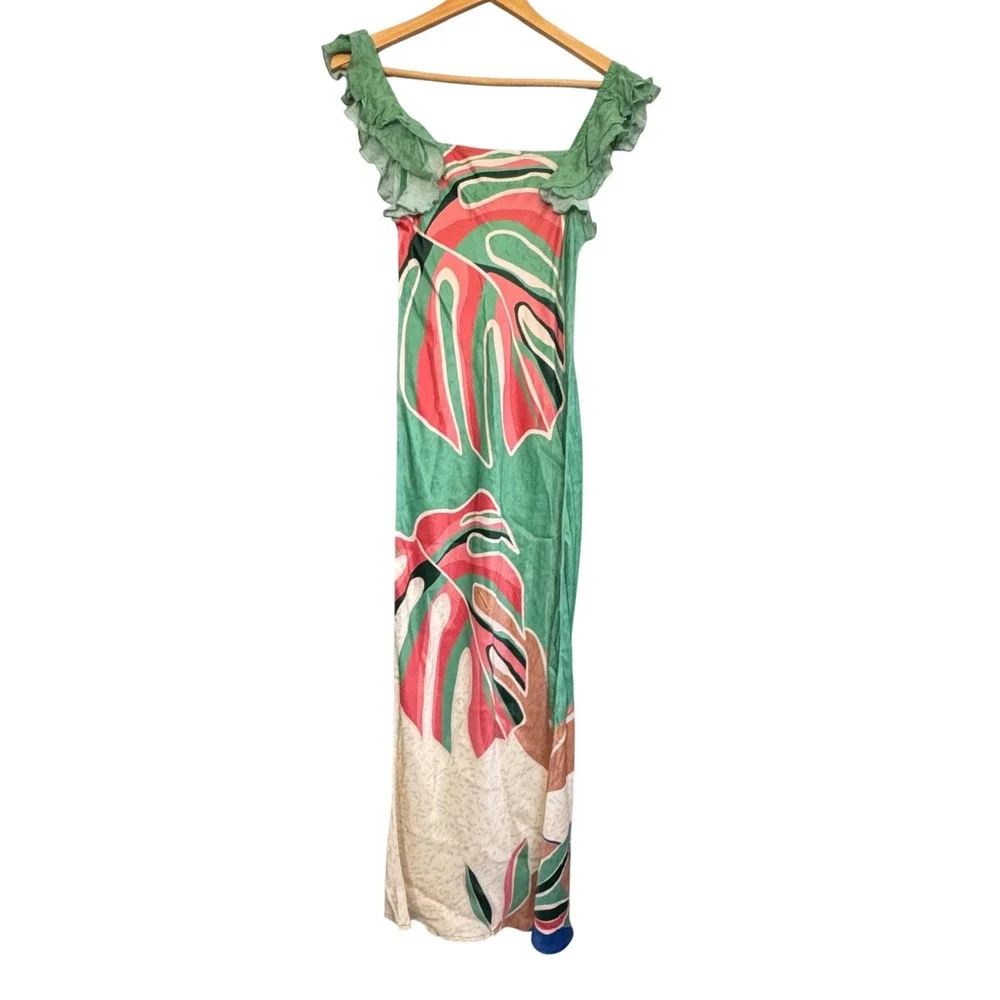 Bl-nk London Maxi Dress Sz Small Tropical Monstera Botanical Ruffle Coastal Boho